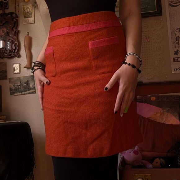 Boden Wool Pencil Mini Skirt Women's 12L Bright Orange Pockets - Picture 1 of 9